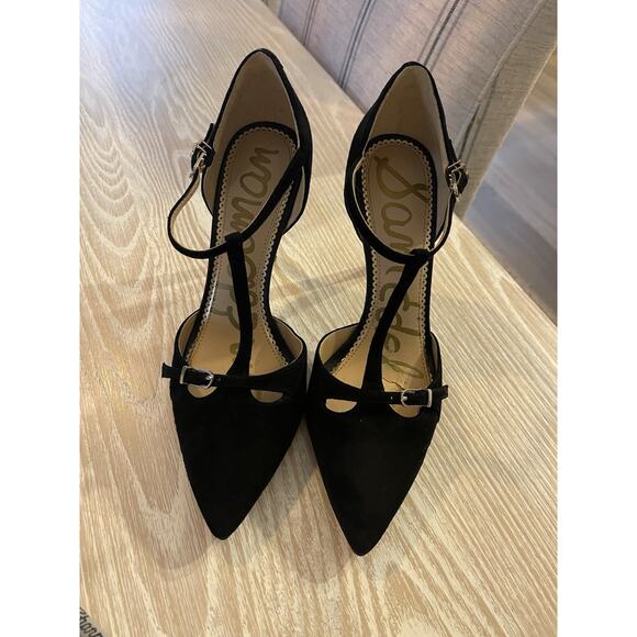 Sam Edelman Women’s Harpar T-Strap Heels Pumps in black suede w/ Gold Size 6 - Picture 3 of 6